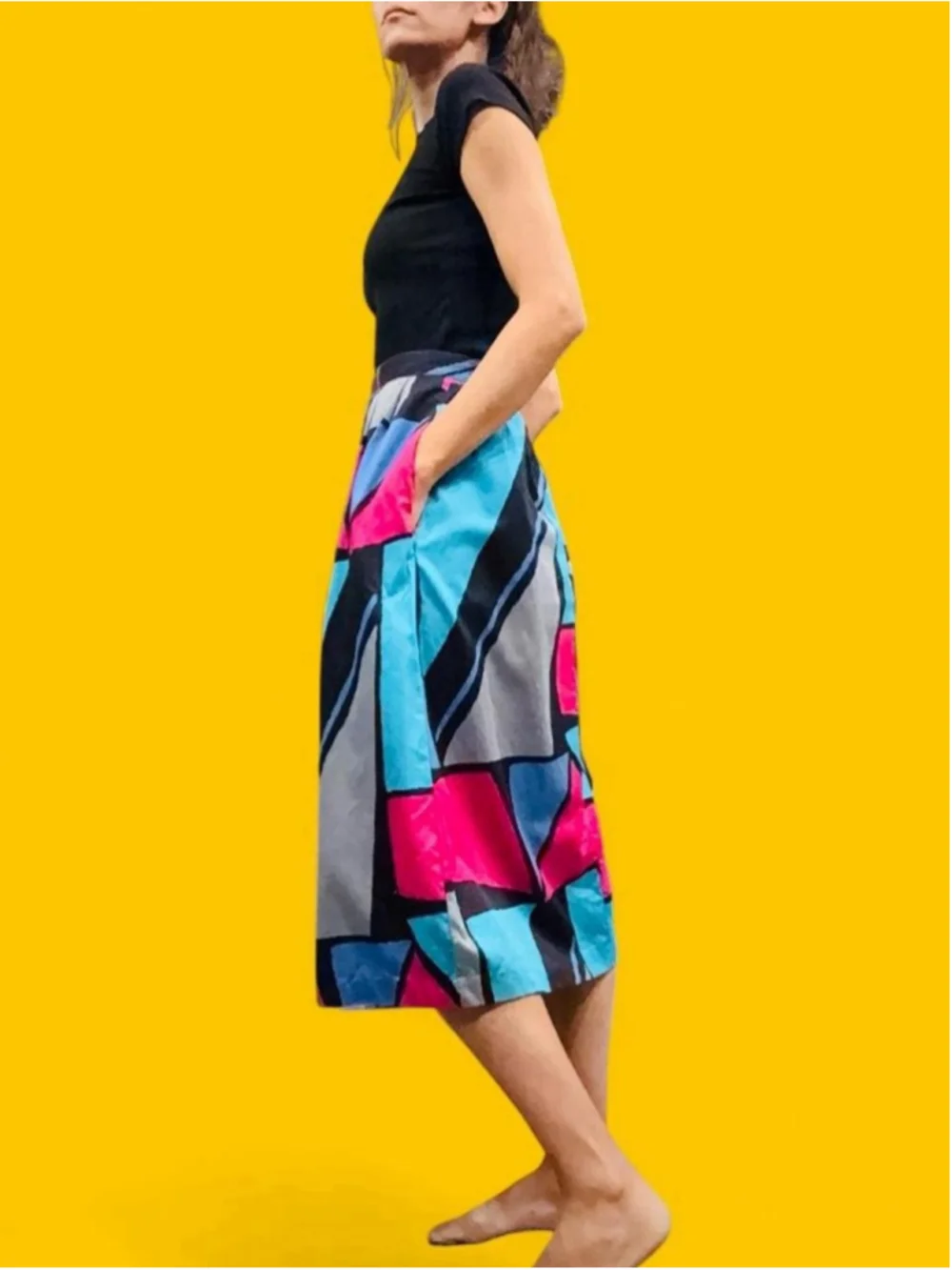 Vintage 1980s Jonathan Martin Naturals Geometric Colorblock Midi Skirt Pockets